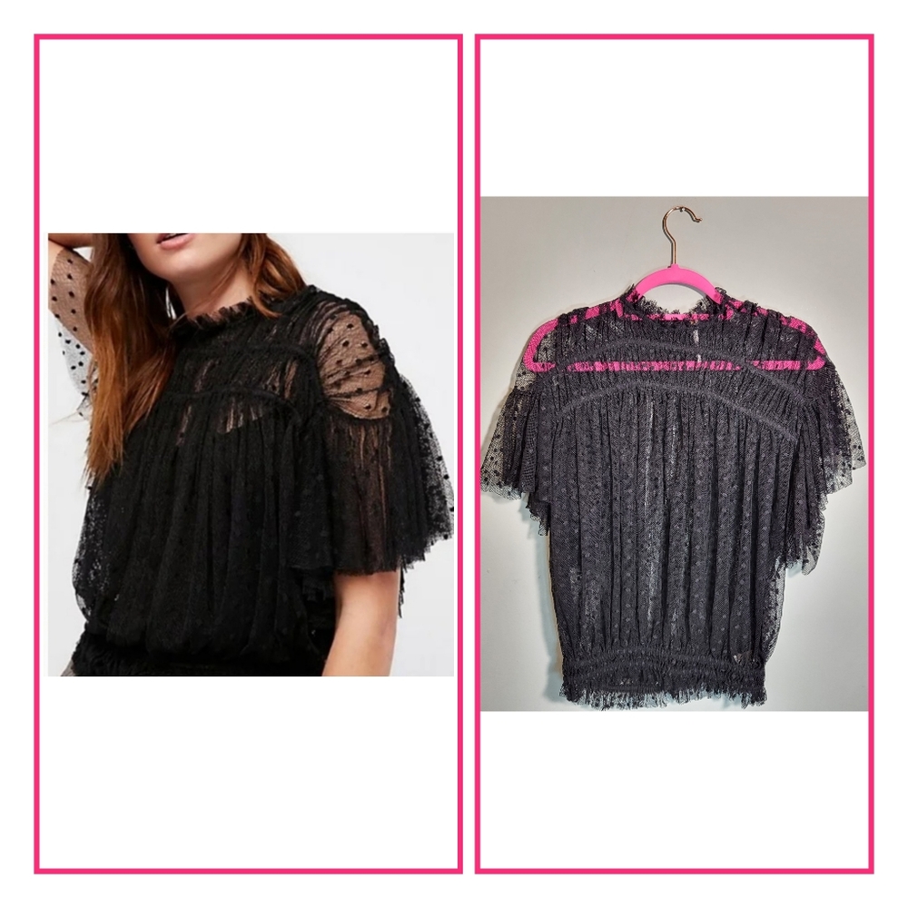 FREE PEOPLE NWOT Disco Ball Swiss Dot Sheer Top | Black Lace | size S